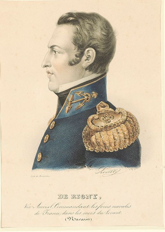 Ο Γάλλος ναύαρχος Δε Ριγνύ που έλαβε μέρος στη Ναυμαχία του Ναβαρίνου το 1827. Επιζωγραφισμένη λιθογραφία του Levilly. Εθνικό Ιστορικό Μουσείο, Συλλογή